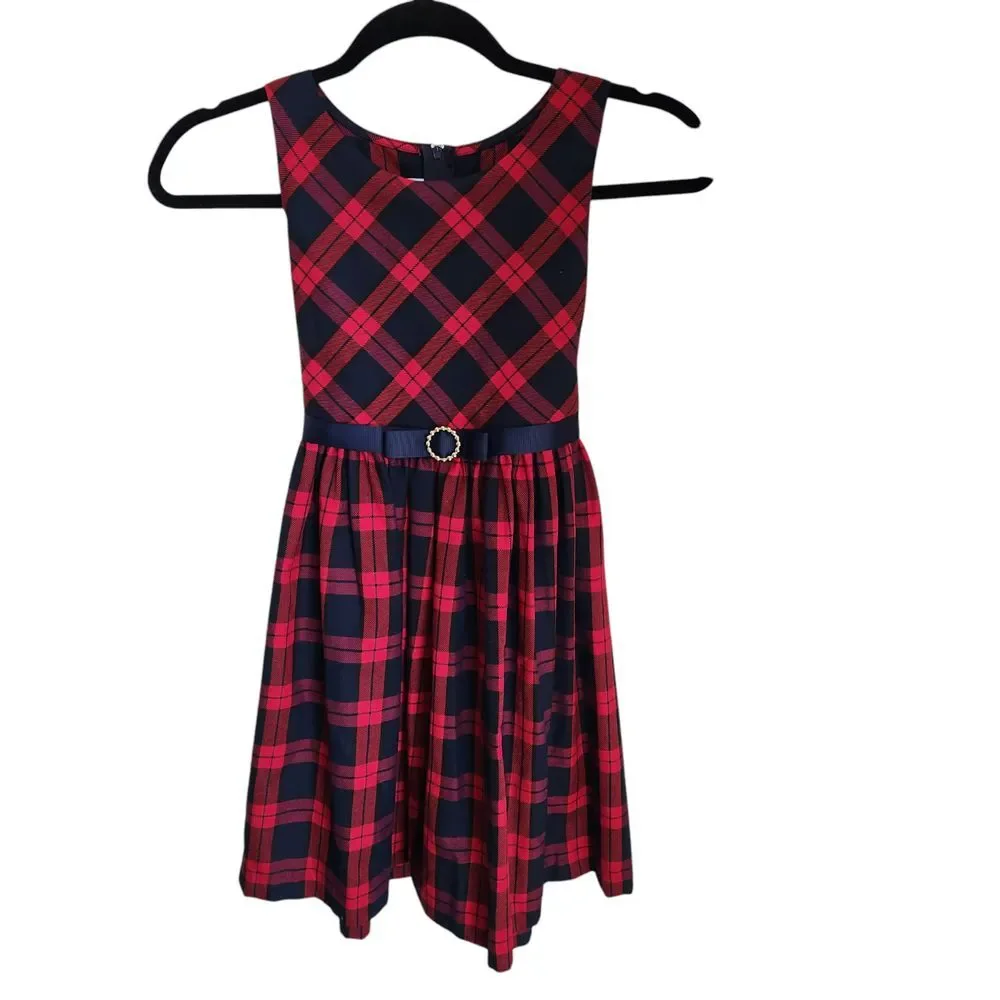 Bonnie Jean Girls Sleeveless Dress Red Blue Tartan Plaid Size 8 Christmas Formal